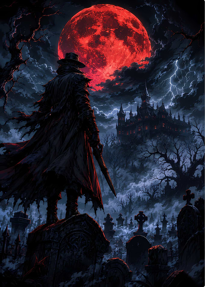 Hunter Standing in Gothic Graveyard