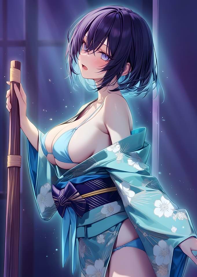 Anime Girl in Blue Floral Kimono
