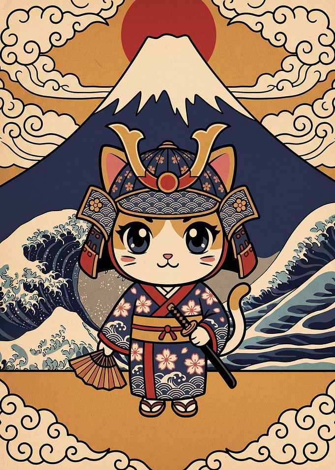 Cute Samurai Cat with Mount Fuji
