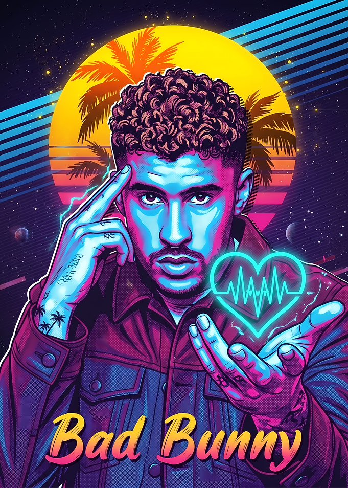 Bad Bunny Synthwave Neon Portrait