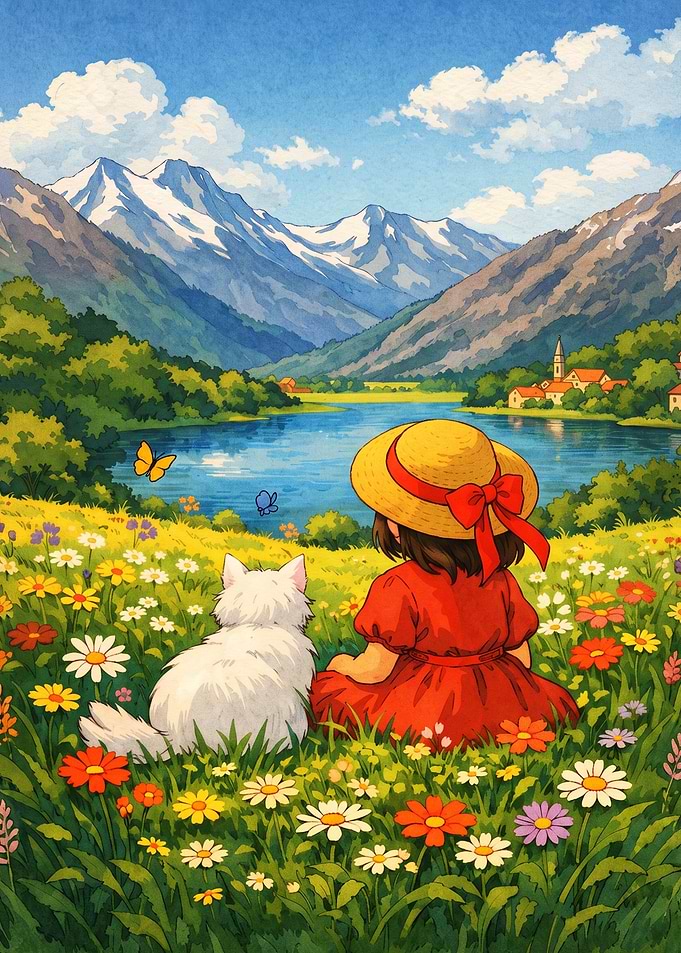 Girl and Cat in Alpine Meadow