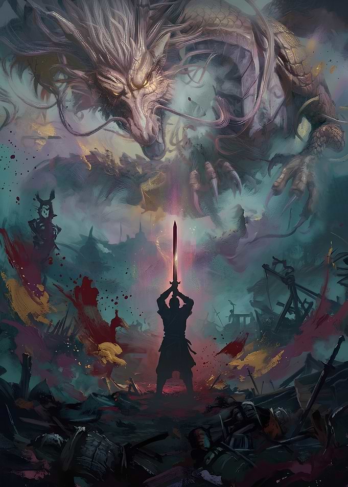 Warrior Facing a Mythical Dragon
