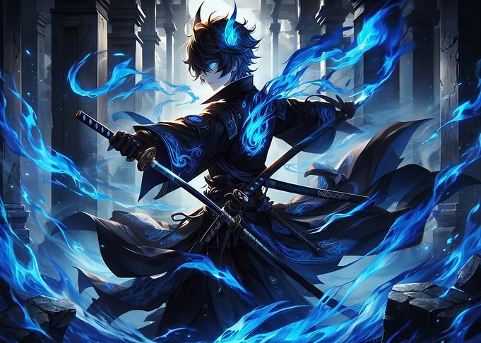 Anime Samurai with Blue Flames