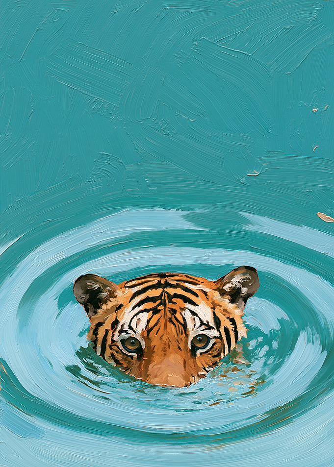 Tiger Swimming in Teal Water Painting