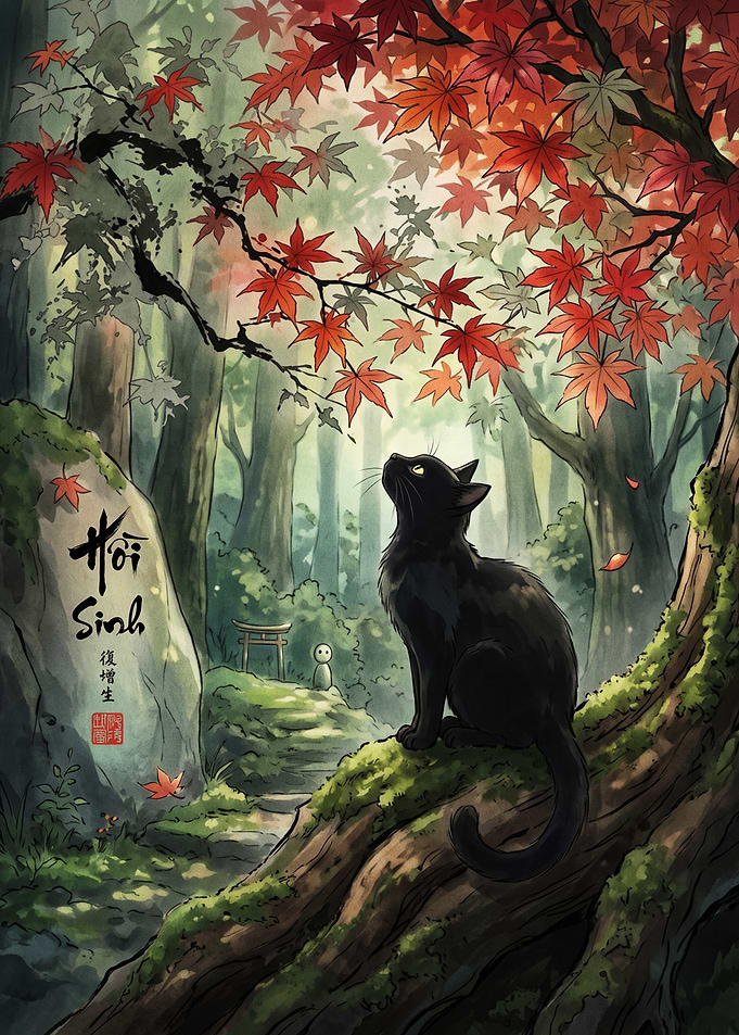 Black Cat in Autumn Forest