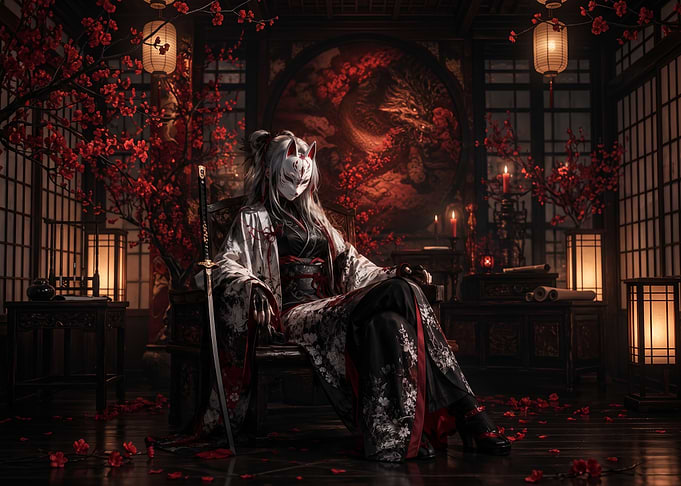 Kitsune Masked Samurai in Traditional Room