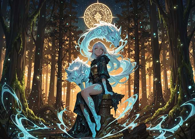 Elf Girl with Spirit Wolves