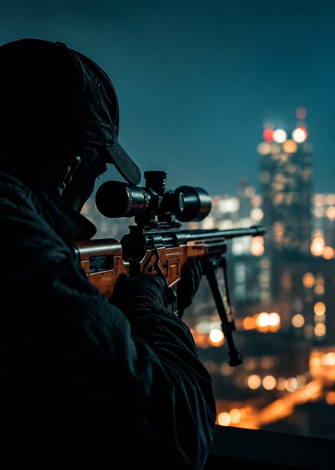 Sniper overlooking a city at night
