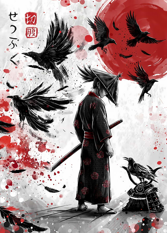 Samurai with Crows and Red Sun