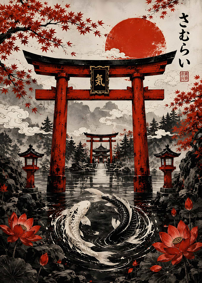 Japanese Torii Gate and Koi Pond