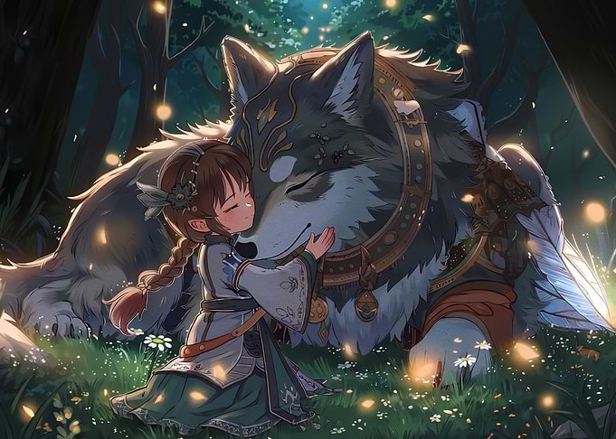 Girl Embracing a Giant Wolf
