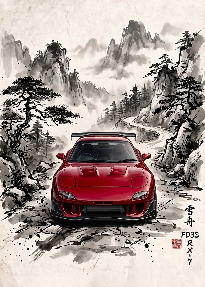 Mazda RX-7 FD3S Ink Wash Painting japan art poster