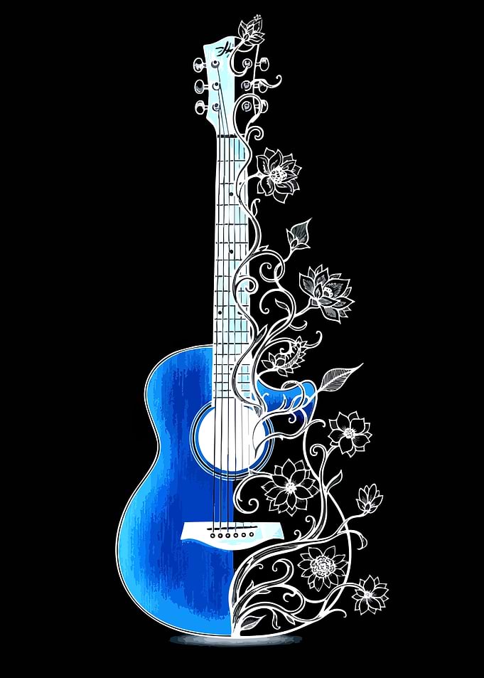 Blue Guitar with Floral Vine Art