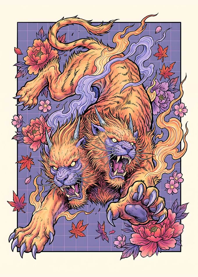Two-Headed Tiger Japanese Art Illustration