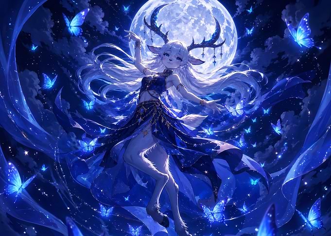 Moonlight Deer Girl with Blue Butterflies