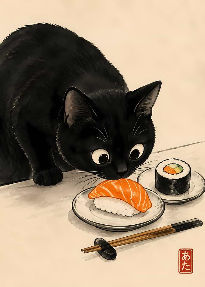 Black Cat Eating Salmon Sushi