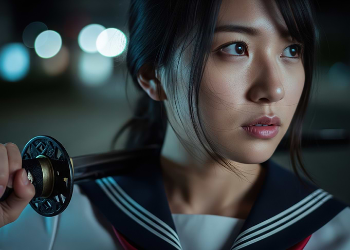 Japanese Schoolgirl with Katana at Night