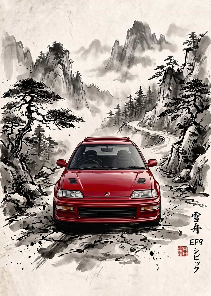 Red Honda Civic EF9 Ink Wash japanese art poster