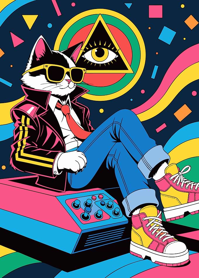 Cool Retro Cat Gamer Illustration