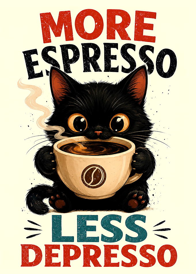 Cute Black Cat Drinking Espresso