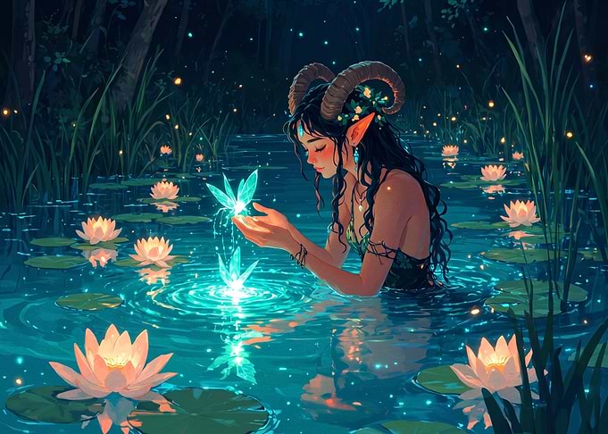 Fantasy Faun Girl in Glowing Pond