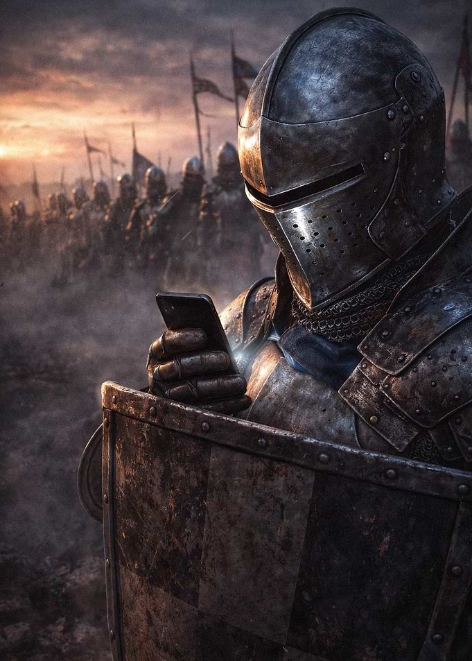 Knight checking smartphone on battlefield