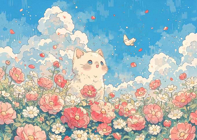Cute Kitten in a Flower Field