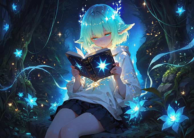 Anime Girl Reading Magical Glowing Book