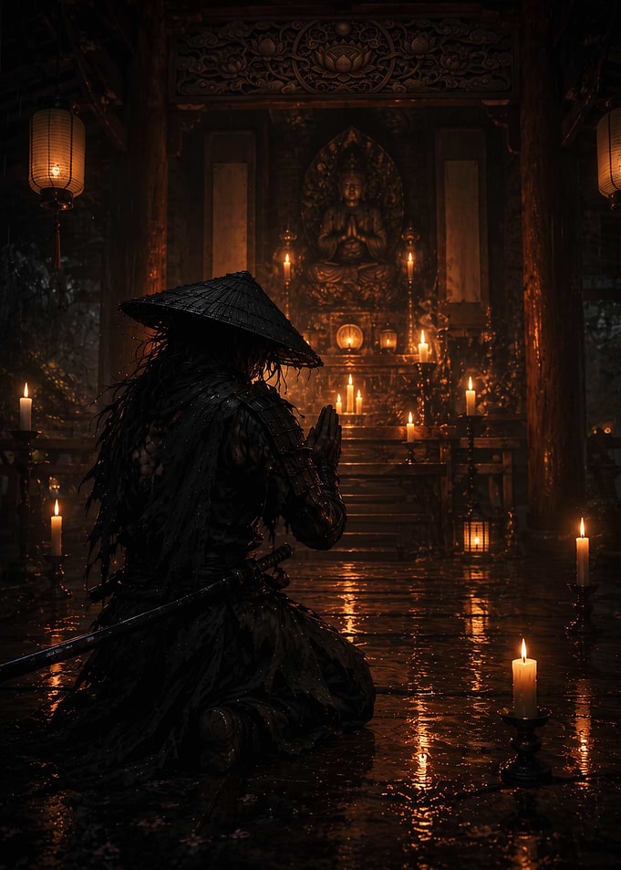 Samurai Praying in a Candlelit Temple
