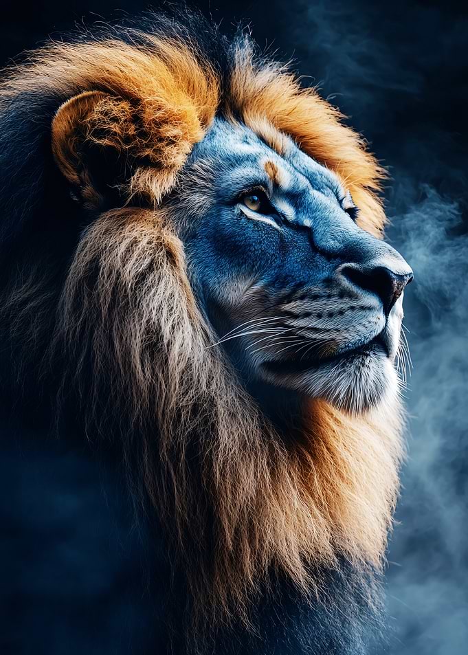 Majestic Lion Portrait in Blue Mist