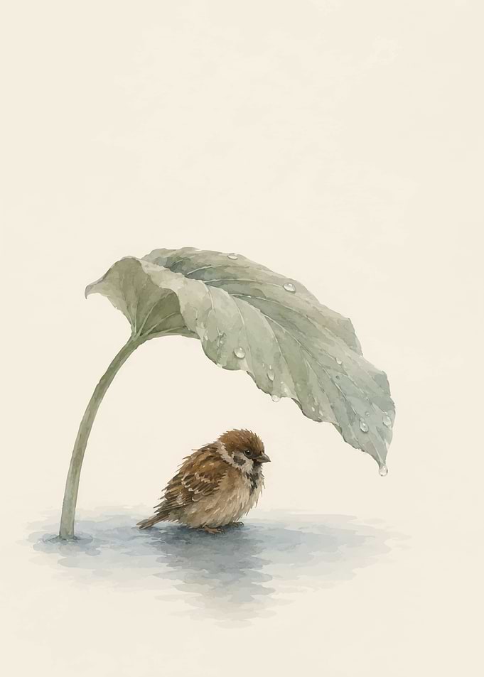Sparrow Sheltering Under a Leaf