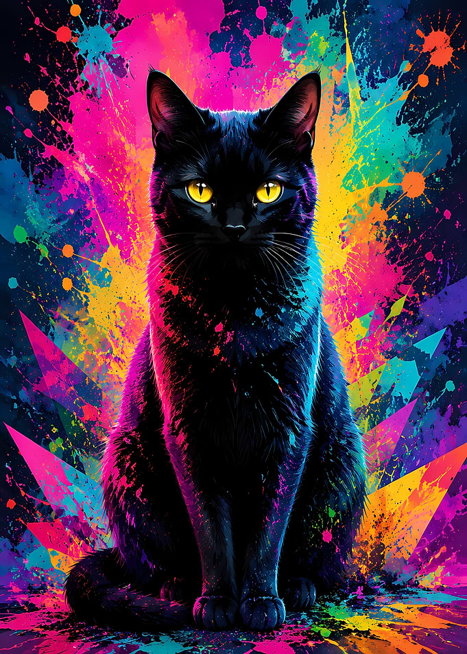 Vibrant Neon Splatter Black Cat