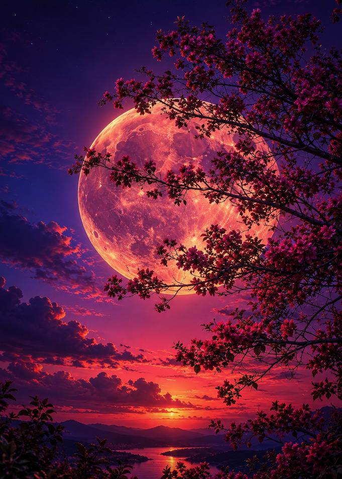 Giant Red Moon Over Blossoming Landscape