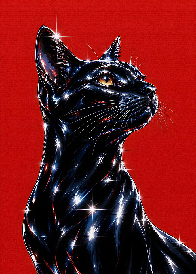 Sparkling Black Cat on Red
