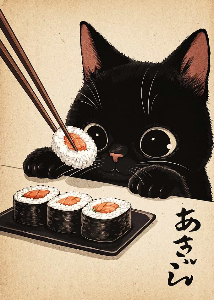 Cute Black Cat Eating Sushi