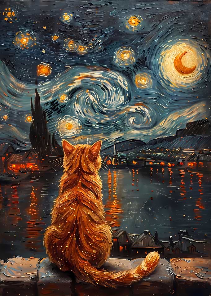 Ginger Cat Watching Starry Night