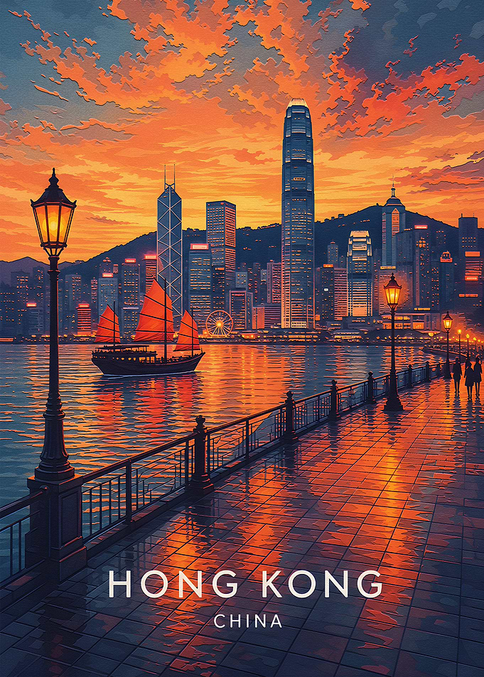 Hong Kong Sunset Skyline Travel Poster