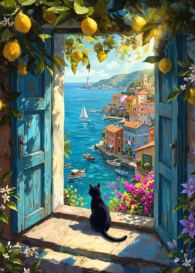 Black Cat Looking at Mediterranean Coast