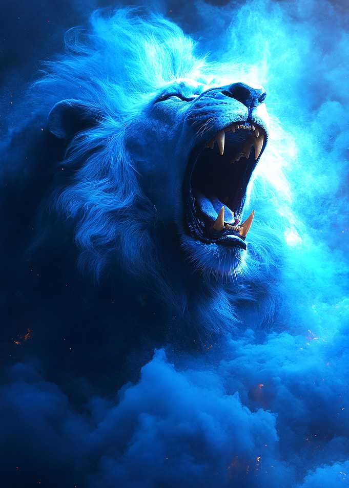 Roaring Blue Lion in Smoke