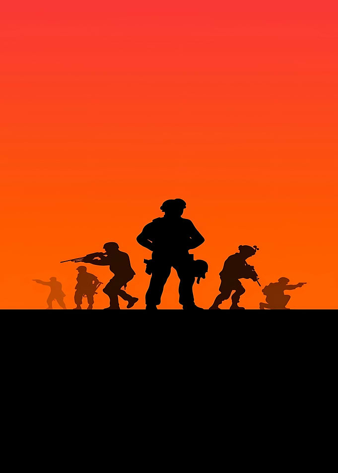 Military Soldiers Silhouette Sunset Poster