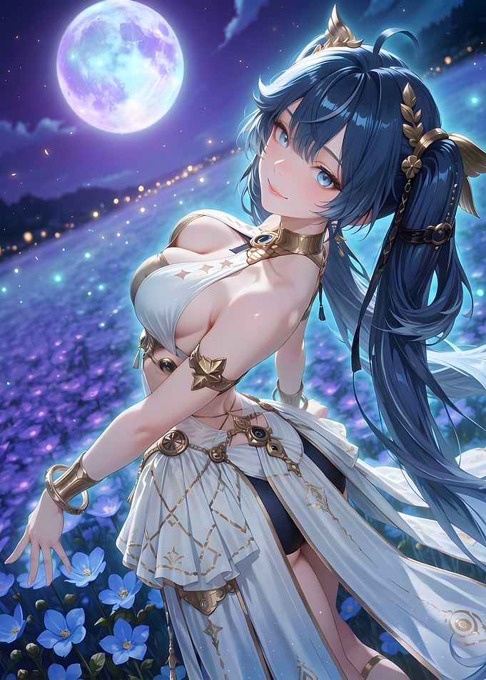 Anime Girl in Moonlight Flower Field