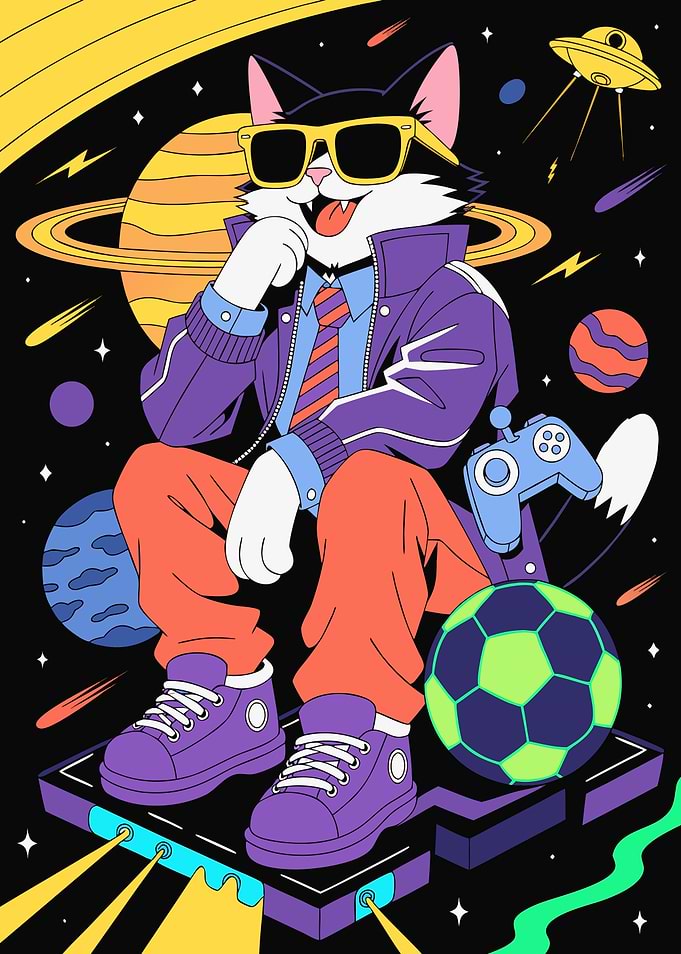 Cool Space Cat Gamer Illustration