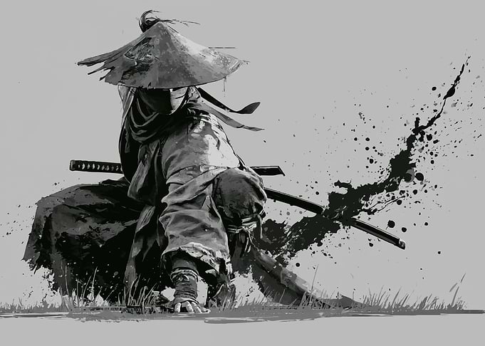Monochrome Samurai Warrior in Action