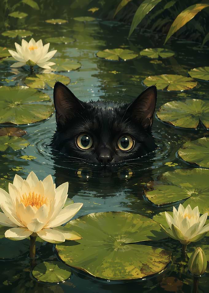 Black Cat in Water Lily Pond