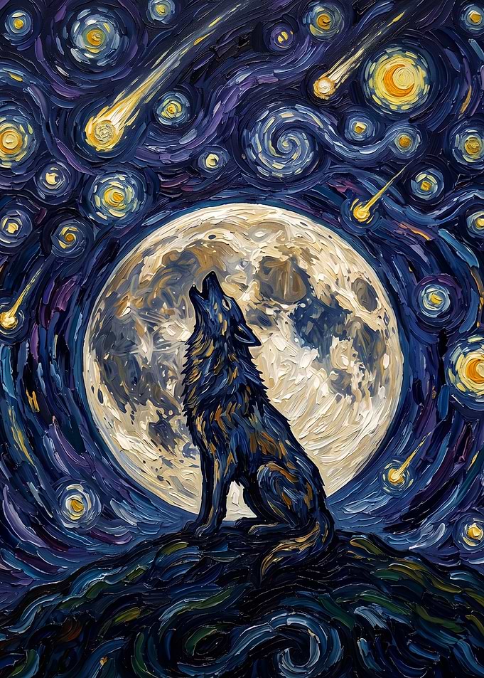 Wolf Howling at Starry Moon