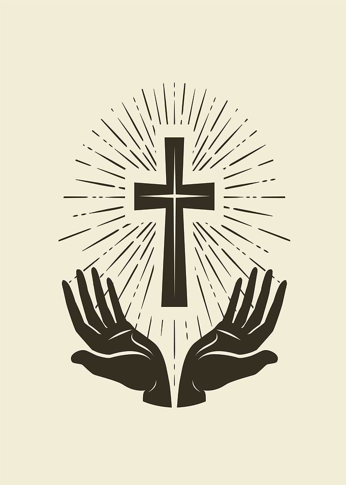 Hands Reaching Toward Radiant Cross