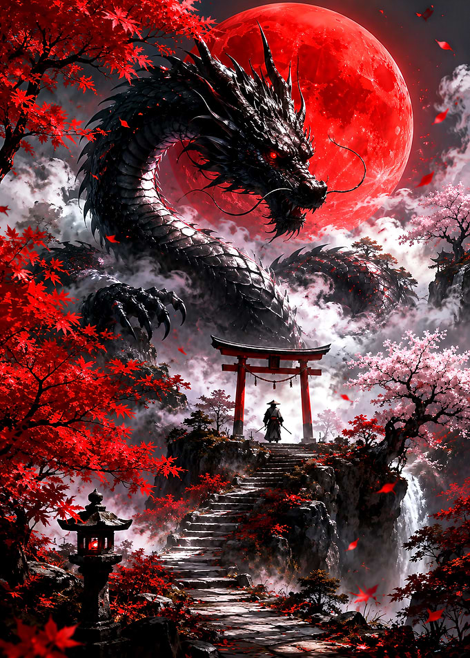Samurai Facing a Giant Dragon