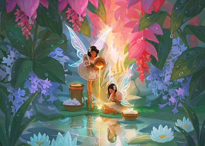 Fairies Pouring Magic in Enchanted Garden