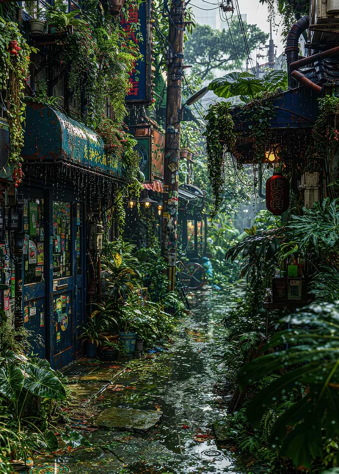 Rainy Overgrown Alleyway in Japan