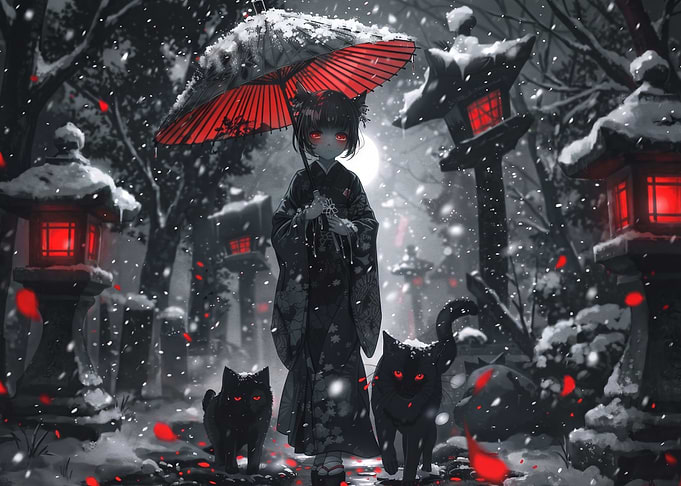 Anime Girl with Cats in Snow